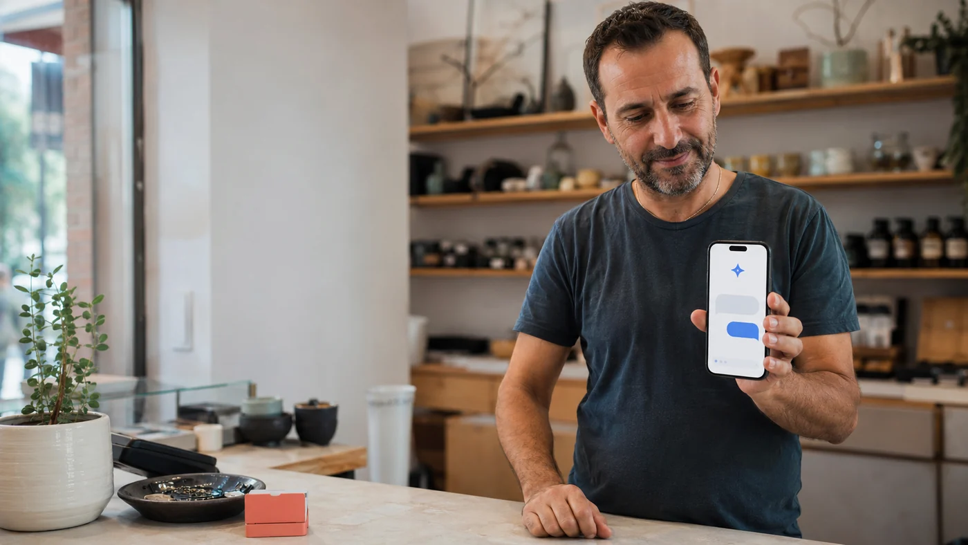 שני אנשי עסק ישראלים בודקים יחד תשובת בוט בטלפון - BizRunner