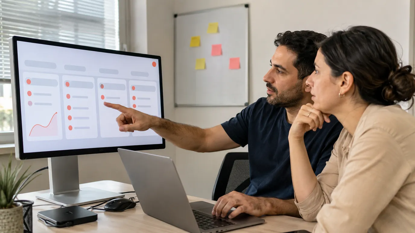בעלת עסק ומפתח בוחנים יחד דשבורד CRM בהתאמה אישית - BizRunner